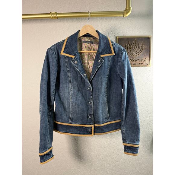 Women's Liz Claiborne Denim Blue Jean Tan Trimmed Snap Front Jacket Size 4 - Picture 1 of 9